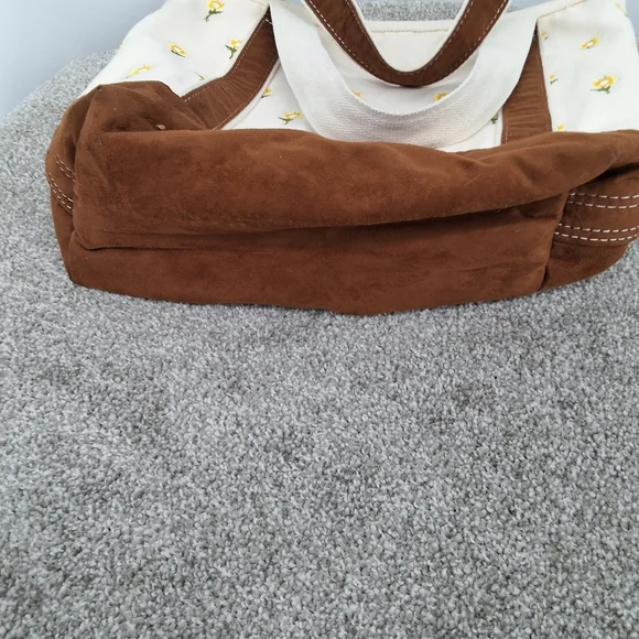 Lands' End Cream Canvas Tote with Yellow Flower Embroidery and Brown Trim - Picture 5 of 8